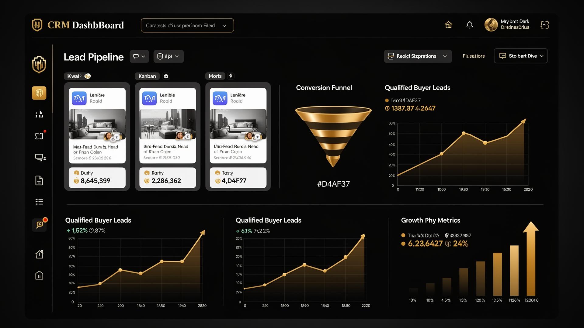Real estate CRM dashboard showing lead pipeline, conversion funnel and qualified buyer growth metrics
